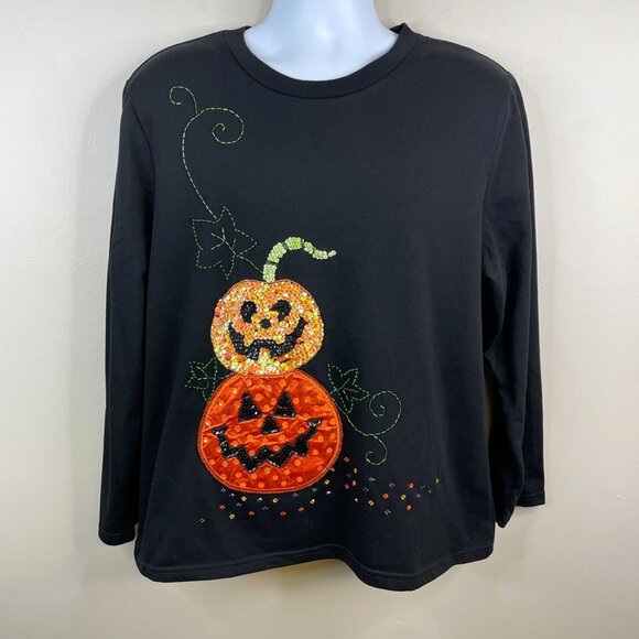 Vintage Halloween Pumpkin Sequin Embroidered Top XL Jack O'Lantern Long Sleeve - Picture 1 of 11